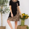 Full Size Decor Button Leopard Short Sleeve Dress Plus Size - Black