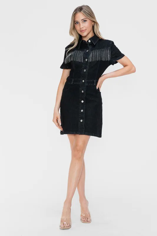Full-Size-Embellished-Button-Down-Short-Sleeve-Denim-Dress-Black-4