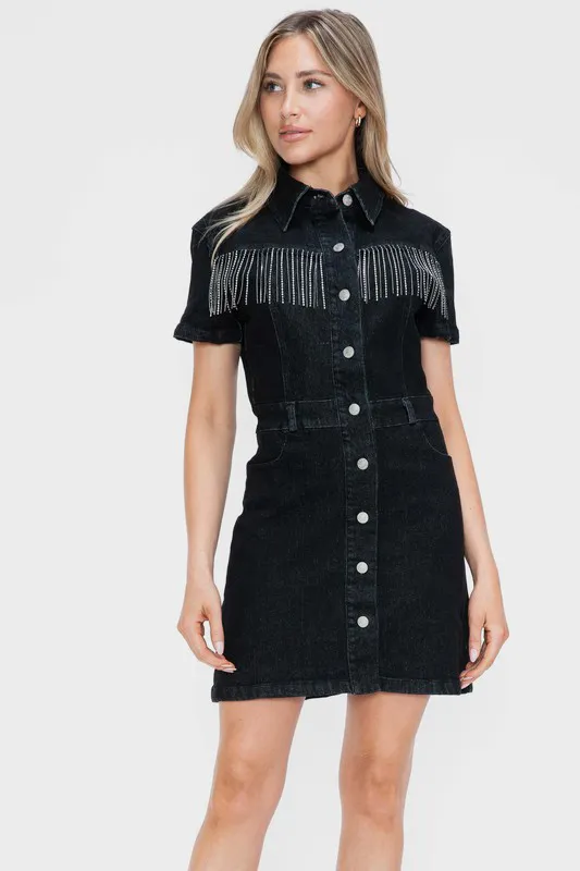Full Size Embellished Button Down Short Sleeve Denim Dress - Black