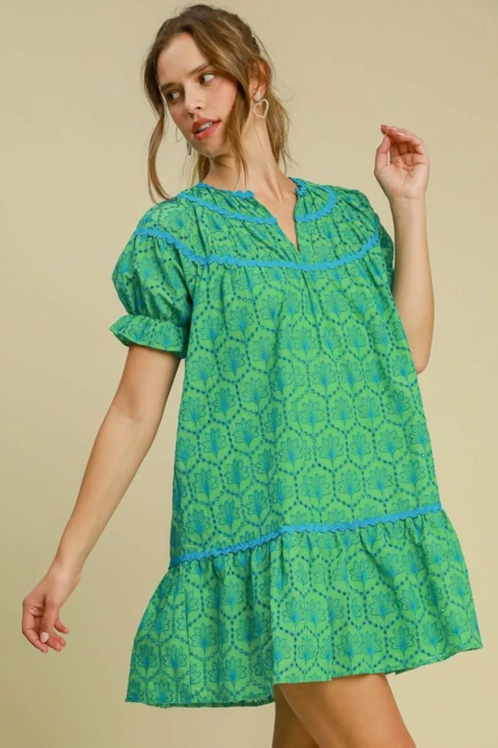Full Size Eyelet Mini Dress With Ric Rac Trim Plus Size - Green