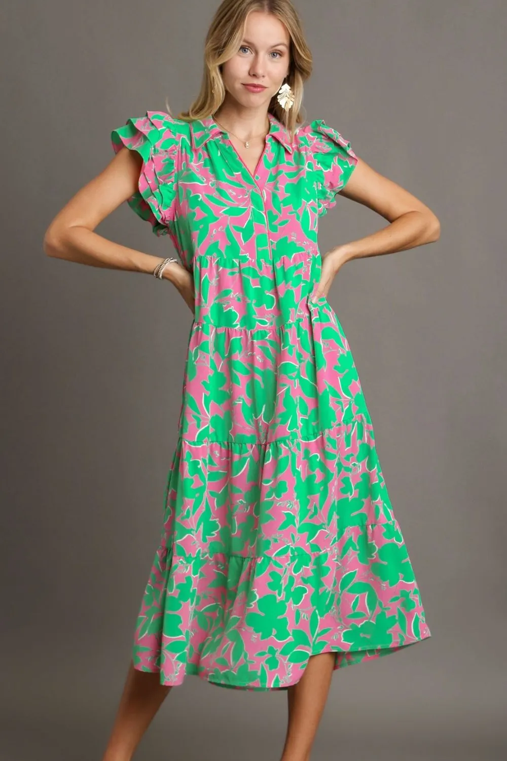 Full Size Floral Collared Ruffle Cap Sleeve Midi Dress Plus Size - Emerald Mix