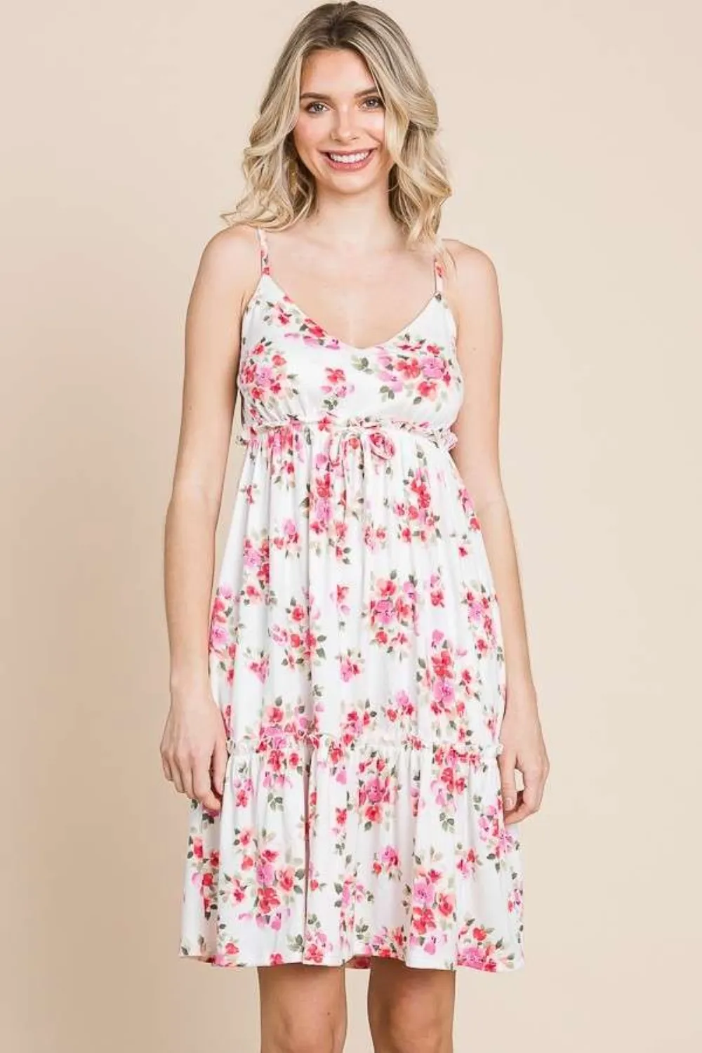 Full Size Floral Frill Cami Dress - Ivory