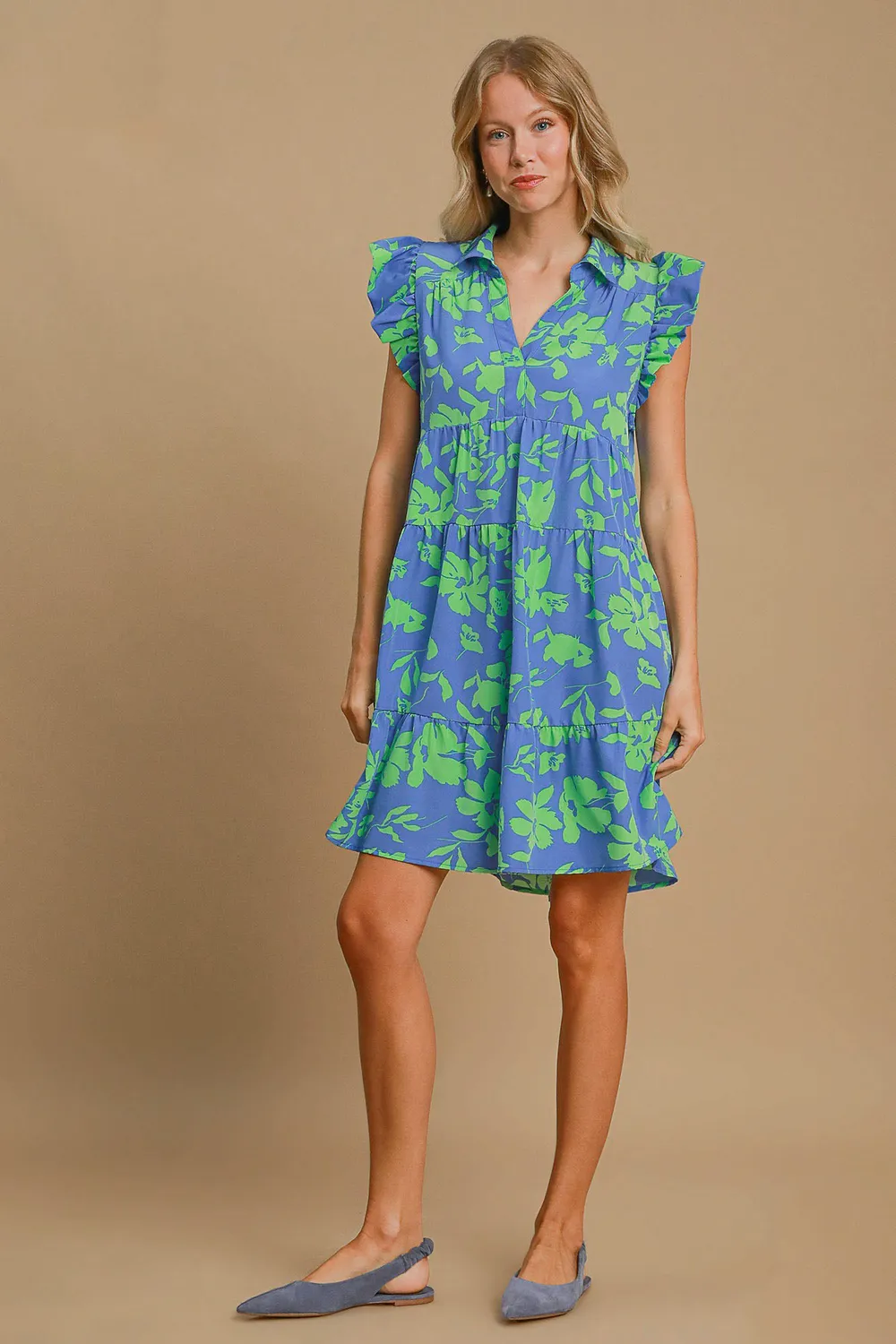 Full Size Floral Print Ruffle Cap Sleeve Tiered Dress Plus Size - Cerulean