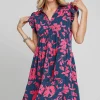 Full Size Floral Print Ruffle Cap Sleeve Tiered Dress Plus Size - Navy/Pink