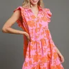 Full Size Floral Print Ruffle Cap Sleeve Tiered Dress Plus Size - Pink/Orange