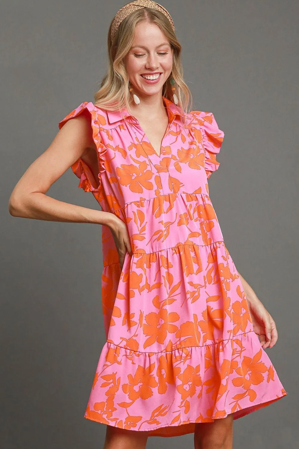 Full Size Floral Print Ruffle Cap Sleeve Tiered Dress Plus Size - Pink/Orange