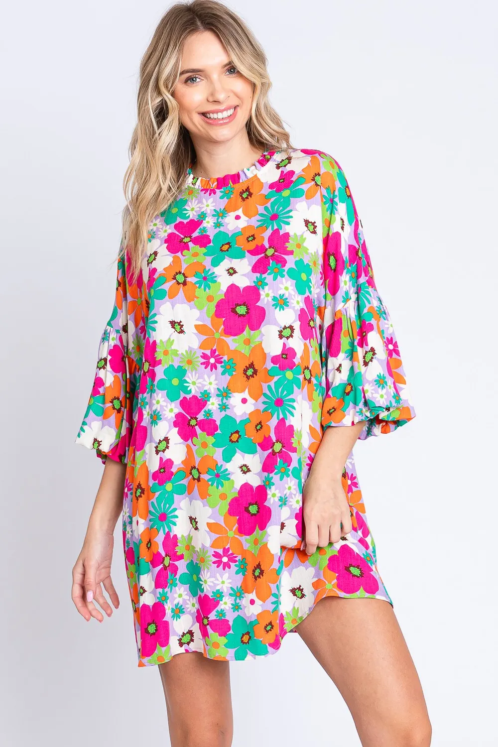 Full Size Floral Round Neck Lantern Sleeve Mini Dress - Multi