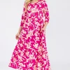 Full Size Floral Round Neck Ruffle Hem Dress -  Fuchsia