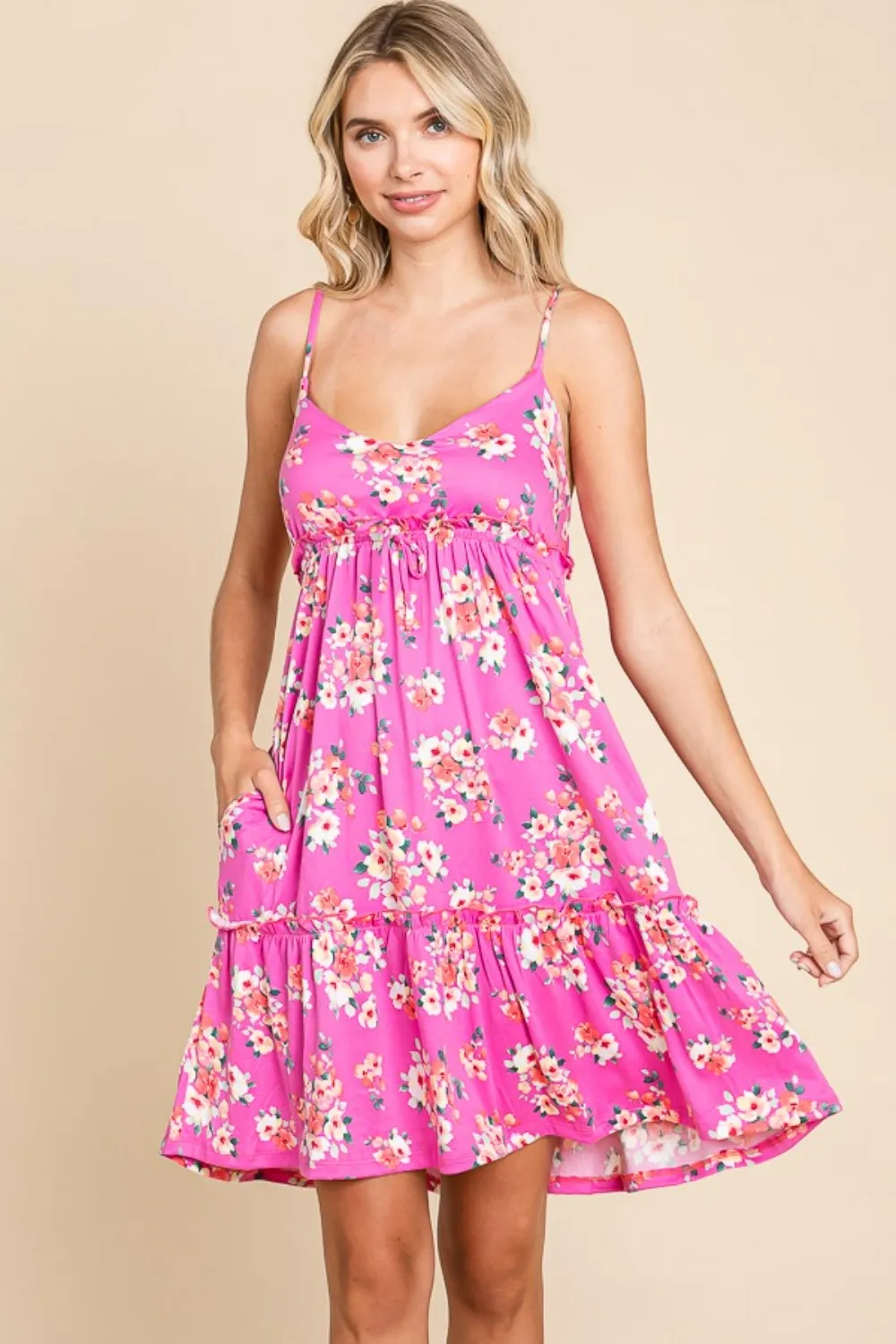 Full Size Floral Ruffled Cami Dress - Pink