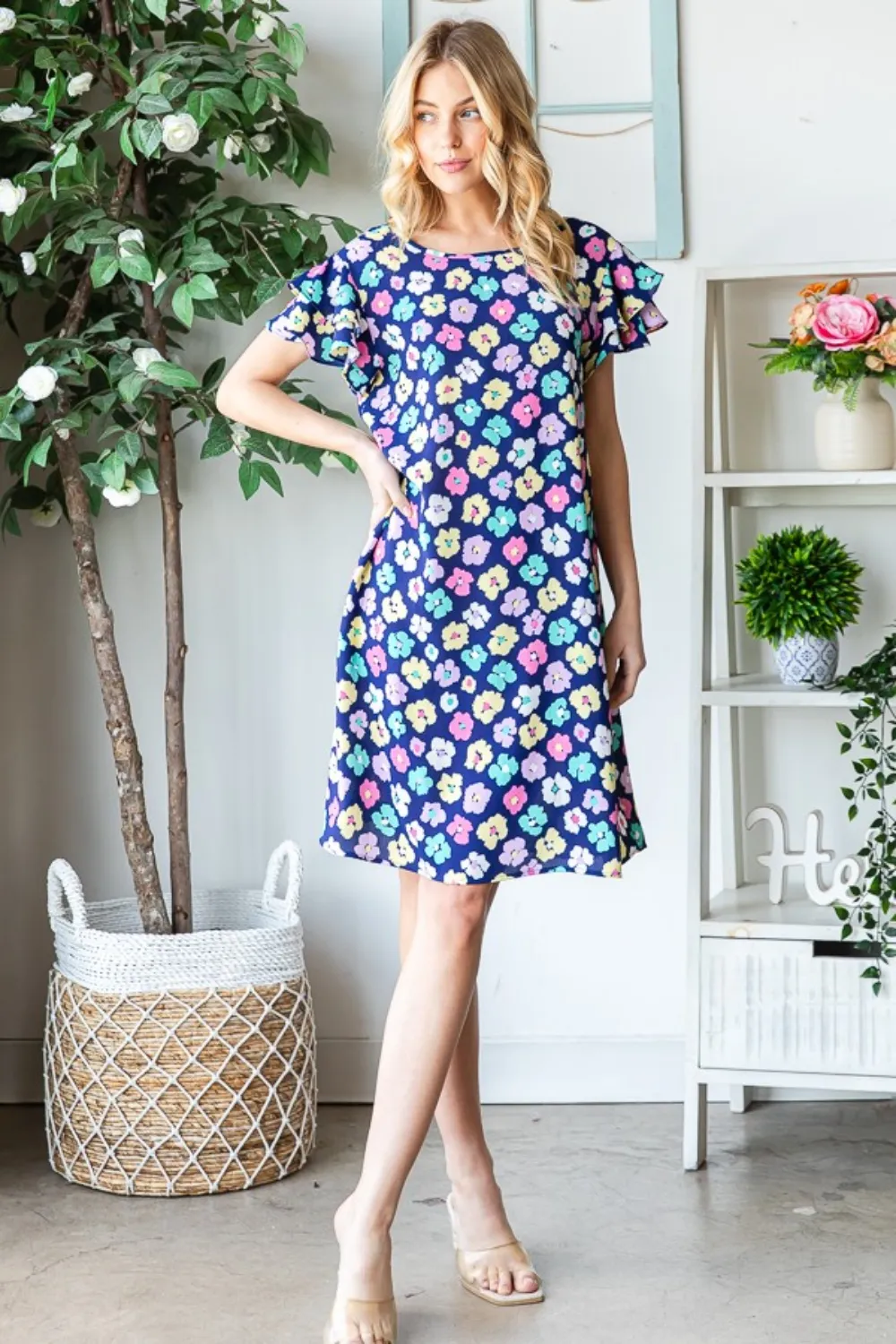 Full Size Floral Ruffled Short Sleeve Dress with Pockets - Navy