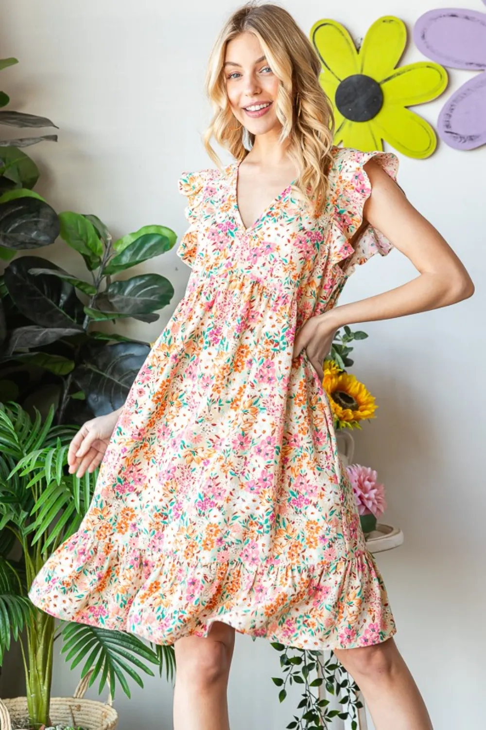 Full Size Floral Ruffled V-Neck Dress - Sand