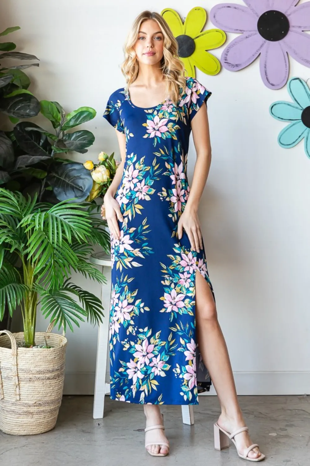 Full Size Floral Short Sleeve Slit Dress - Navy Multi