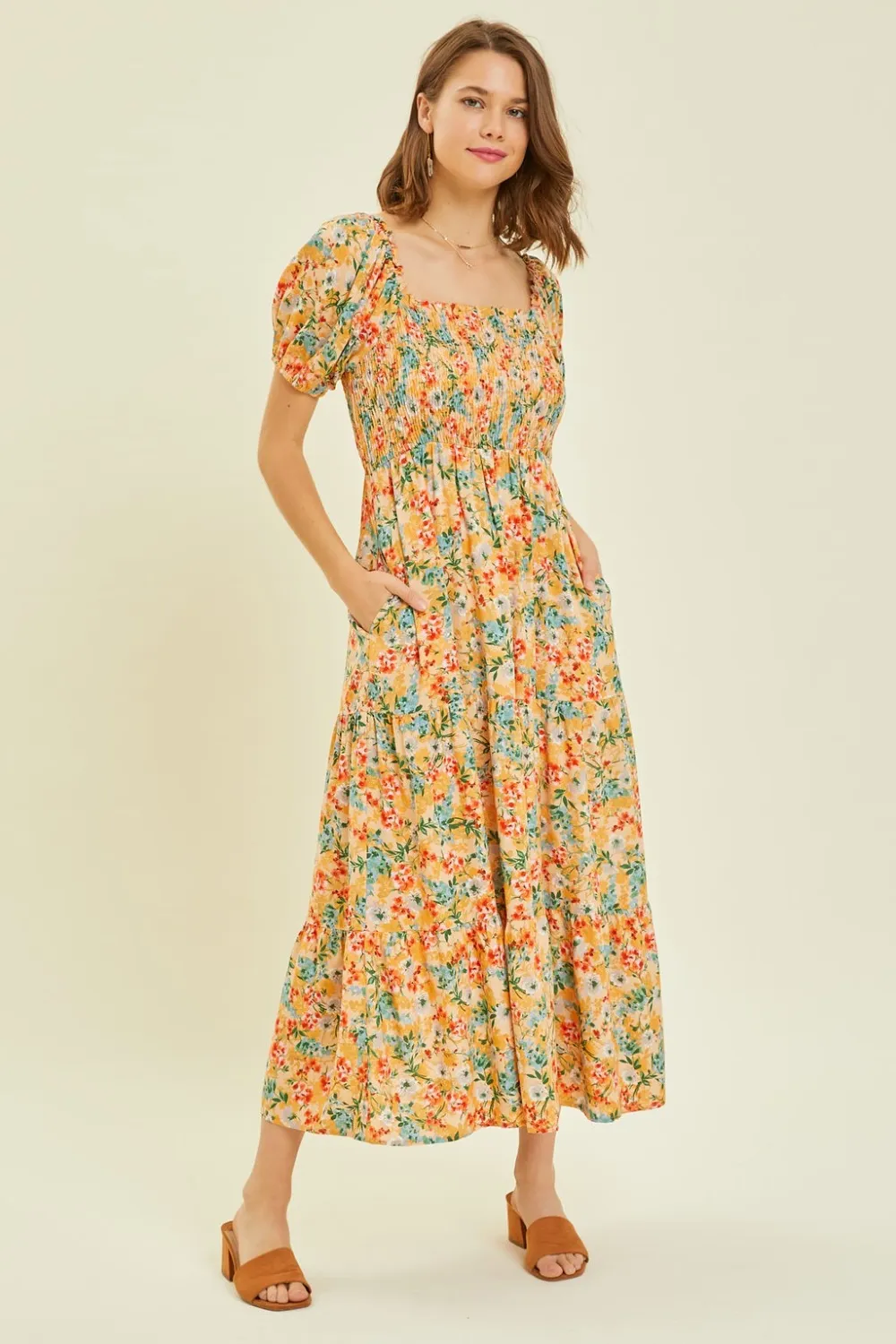Full Size Floral Smocked Tiered Midi Dress - Peach Multi