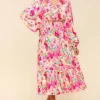 Full Size Floral Surplice Balloon Sleeve Dress with Side Pockets - Multicolor