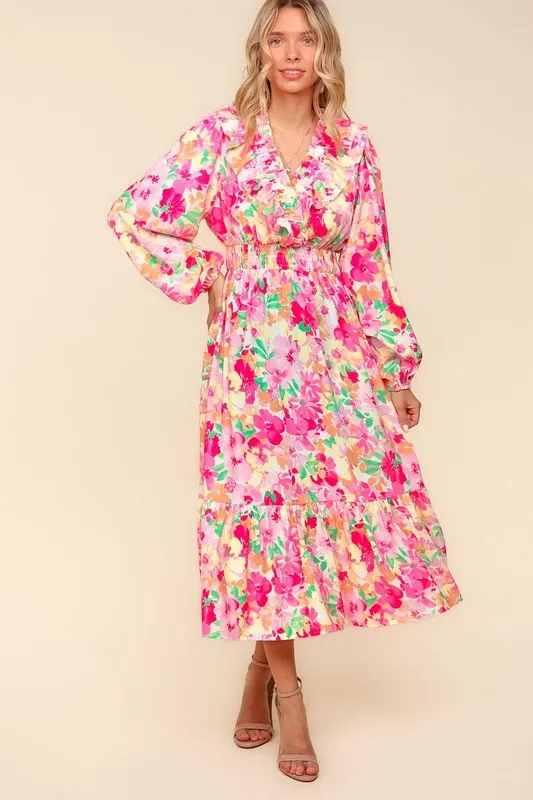 Full Size Floral Surplice Balloon Sleeve Dress with Side Pockets - Multicolor