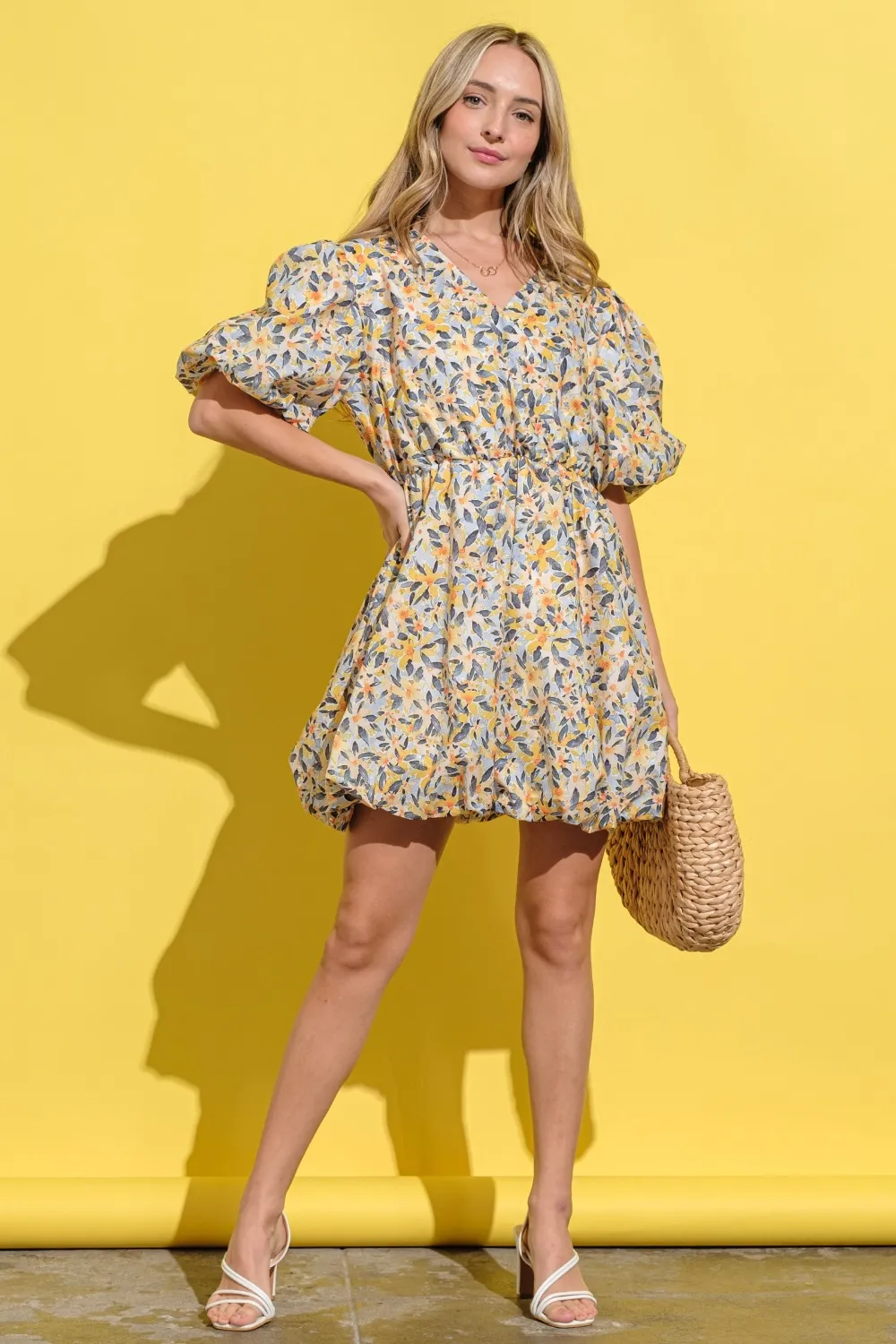 Full Size Floral Surplice Puff Sleeve Dress - Yellow Multi