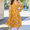 Full Size Floral Tie Back Flounce Sleeve Dress - Caramel