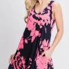Full Size Floral V-Neck Tank Dress with Pockets - Navy/Neon Pink