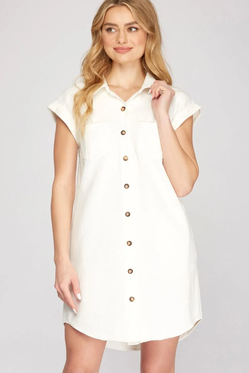 Full Size Folded Cuff Button Down Washed Twill Shirt Dress Plus Size - Ivory