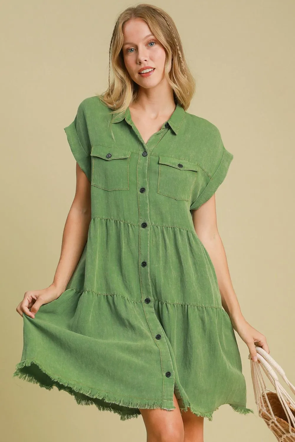 Full-Size-Frayed-Hemline-Button-Down-Shirt-Dress-Plus-Size-Green Full Size Frayed Hemline Button Down Shirt Dress Plus Size - Green