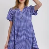 Full Size Gingham Tiered Button Detail Short Sleeve Dress Plus Size - Blue