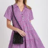 Full Size Gingham Tiered Button Detail Short Sleeve Dress Plus Size - Red-Violet