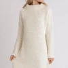 Full Size High Low Long Sleeve Boucle Sweater Dress Plus Size - Cream