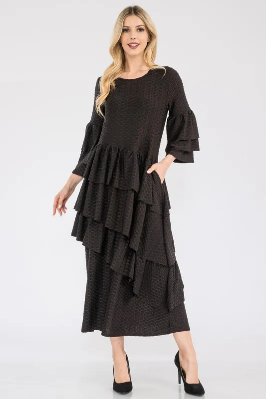 Full Size Honey Comb Asymmetrical Ruffle Midi Dress Plus Size - Black