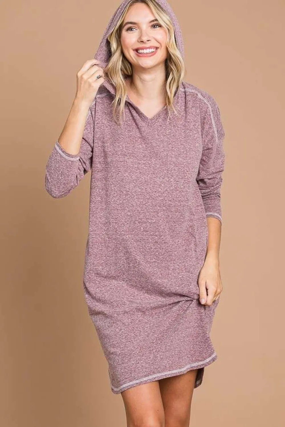 Full Size Hooded Long Sleeve Sweater Dress - Vividmerlot