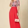 Full Size Houndstooth Round Neck Short Sleeve Maxi Dress Plus Size - Red