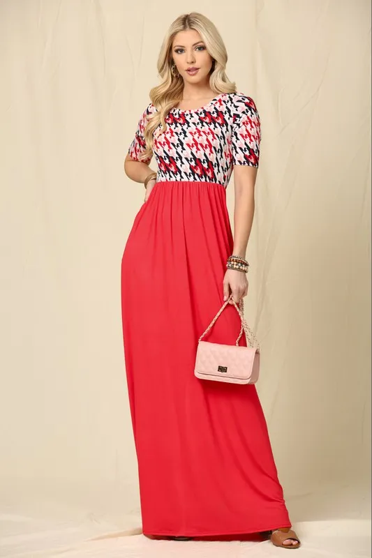 Full Size Houndstooth Round Neck Short Sleeve Maxi Dress Plus Size - Red