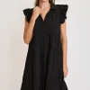 Full Size Johnny Collar Ruffle Cap Sleeve Tiered Dress Plus Size - Black