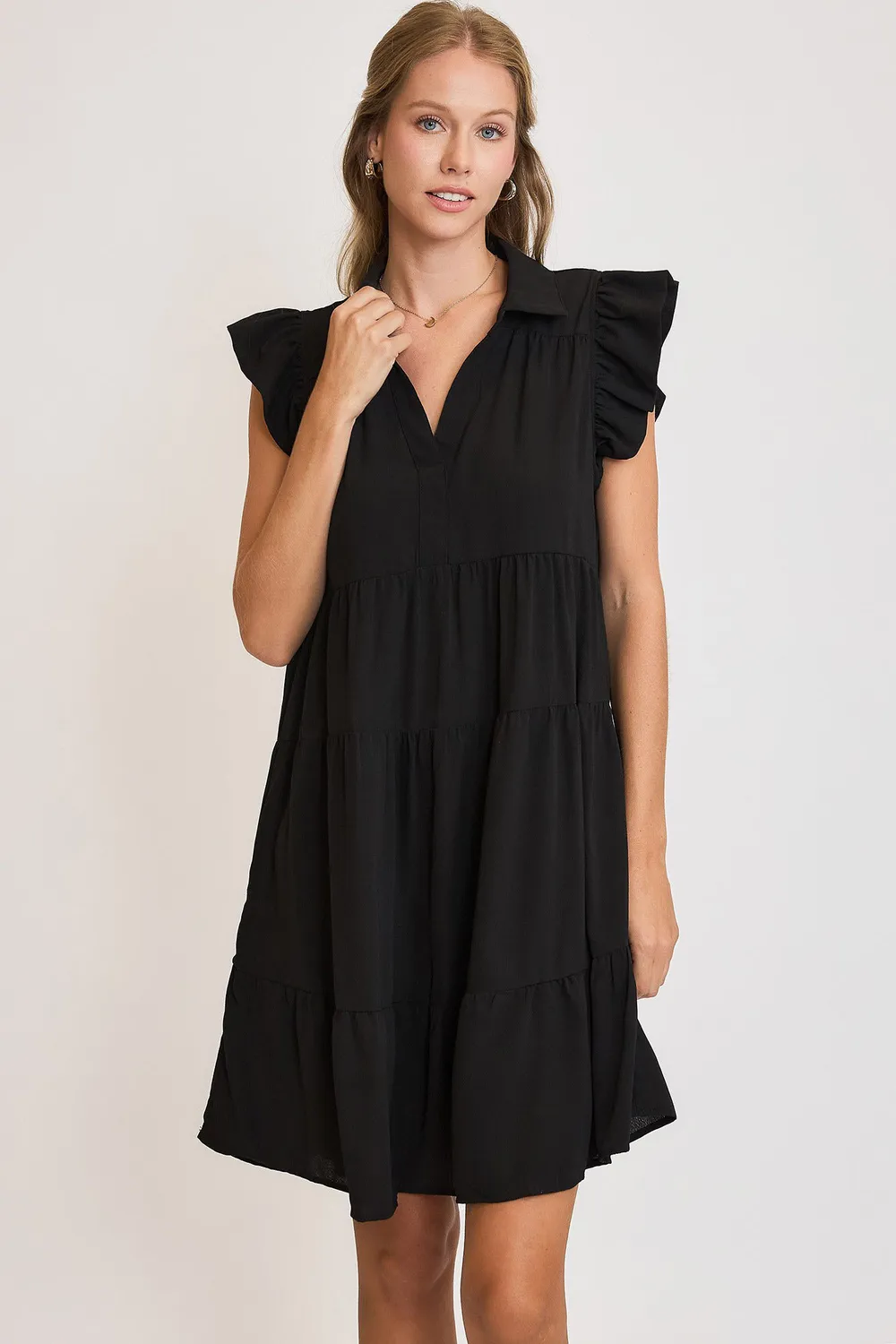 Full Size Johnny Collar Ruffle Cap Sleeve Tiered Dress Plus Size - Black