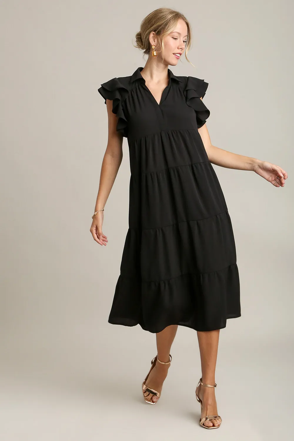 Full Size Johnny Collar Ruffle Cap Sleeve Tiered Dress Plus Size - Black