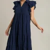 Full Size Johnny Collar Ruffle Cap Sleeve Tiered Dress Plus Size - Dark Navy