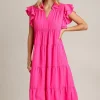 Full Size Johnny Collar Ruffle Cap Sleeve Tiered Dress Plus Size - Hot Pink