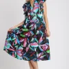 Full Size Leaf Print Double Layered Ruffle Sleeve Tiered Midi Dress Plus Size - Blackmix