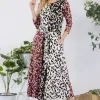 Full Size Leopard Color Block Front Tie Midi Dress Plus Size -  Beige Leopard
