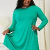 Full Size Long Sleeve Flare Dress with Pockets - Turquoise