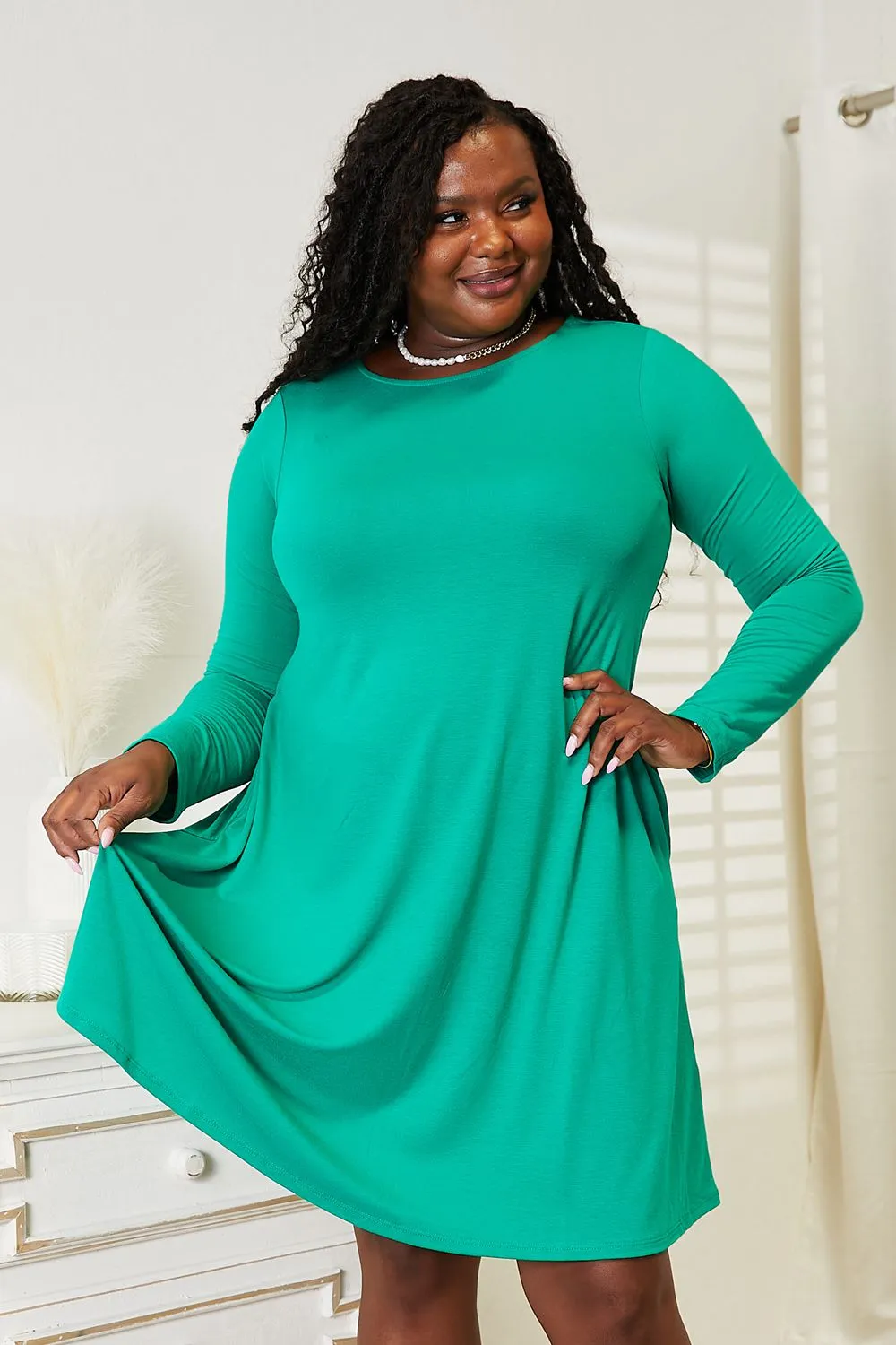 Full Size Long Sleeve Flare Dress with Pockets - Turquoise