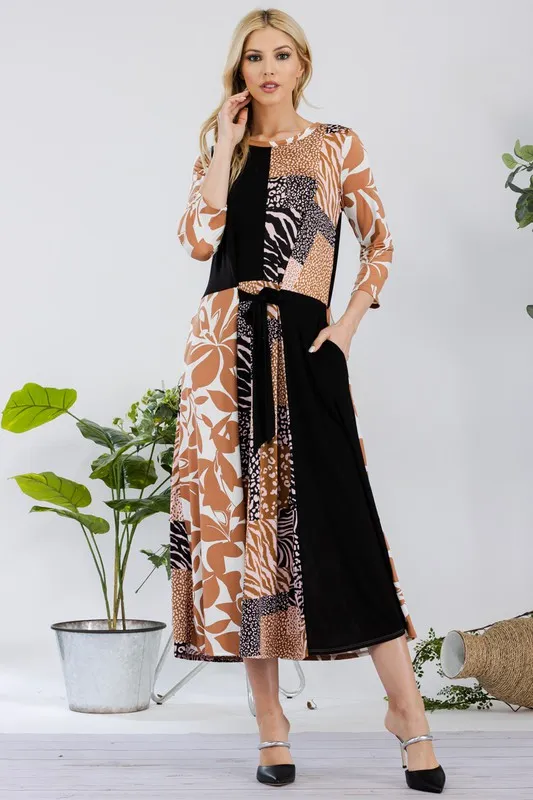 Full Size Multi Pattern Front Tie Midi Dress Plus Size - Black