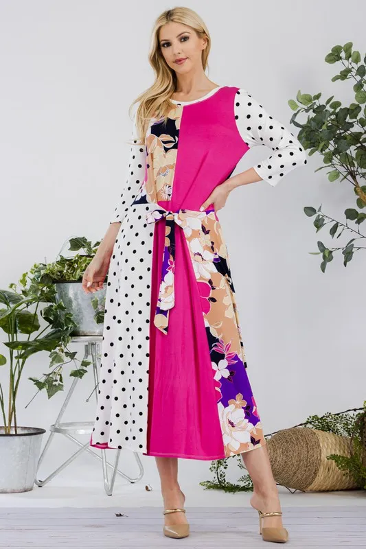 Full Size Multi Pattern Front Tie Midi Dress Plus Size - Fuchsia Navy Floral
