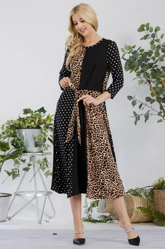 Full Size Multi Pattern Front Tie Midi Dress Plus Size - Leopard