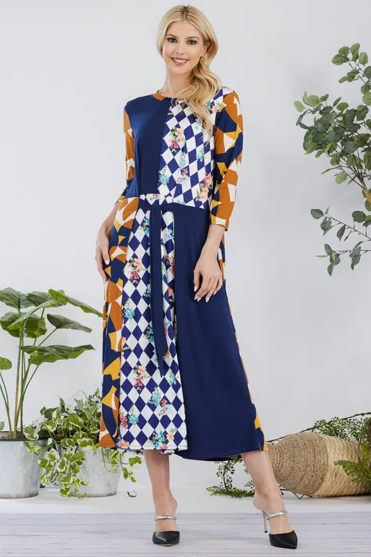 Full Size Multi Pattern Front Tie Midi Dress Plus Size - Navy