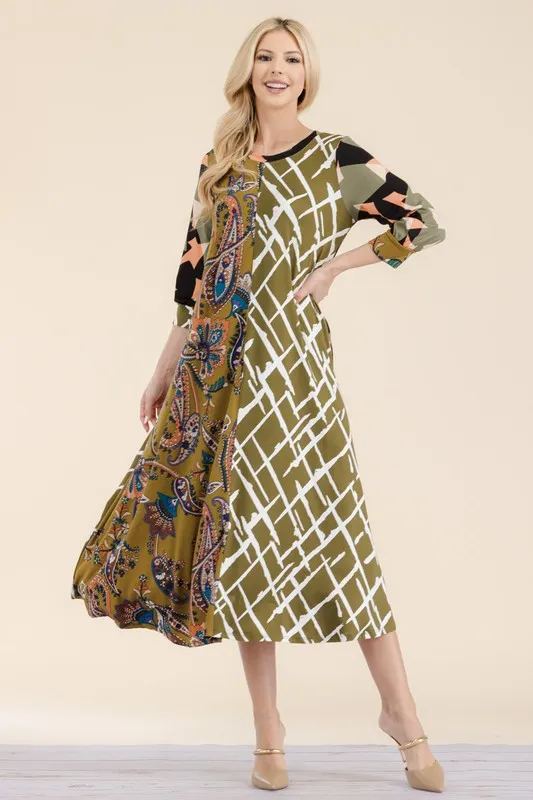 Full Size Paisley Contrast Tent Midi Dress Plus Size - Olive