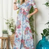 Full Size Paisley Print Short Sleeve Maxi Dress with Pockets Plus Size - Light Blue