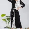 Full Size Polka Dot Front Tie Midi Dress Plus Size - Black