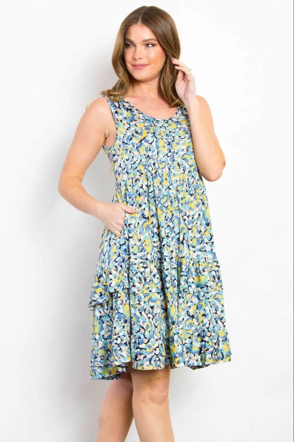 Full-Size-Print-Wrinkle-Free-Ruffled-Dress-Blue Full Size Print Wrinkle Free Ruffled Dress - Blue