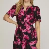 Full Size Printed Notched Short Sleeve Frill Tiered Dress Plus Size - Black
