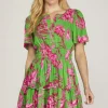 Full Size Printed Notched Short Sleeve Frill Tiered Dress Plus Size - Green